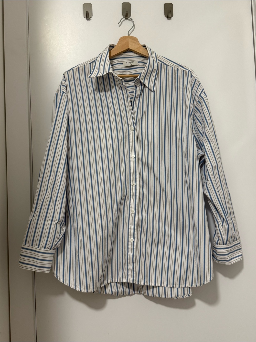 Aritzia Babaton White & Blue Stripe Button-Up Shirt